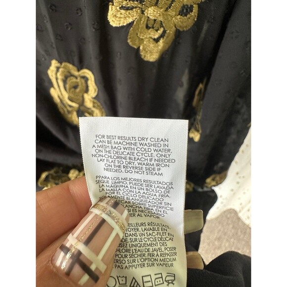 Cabi 3697 Metallic Gold Floral Embroidered Swiss Dot Split Neck Occasion Dress L - Picture 6 of 6